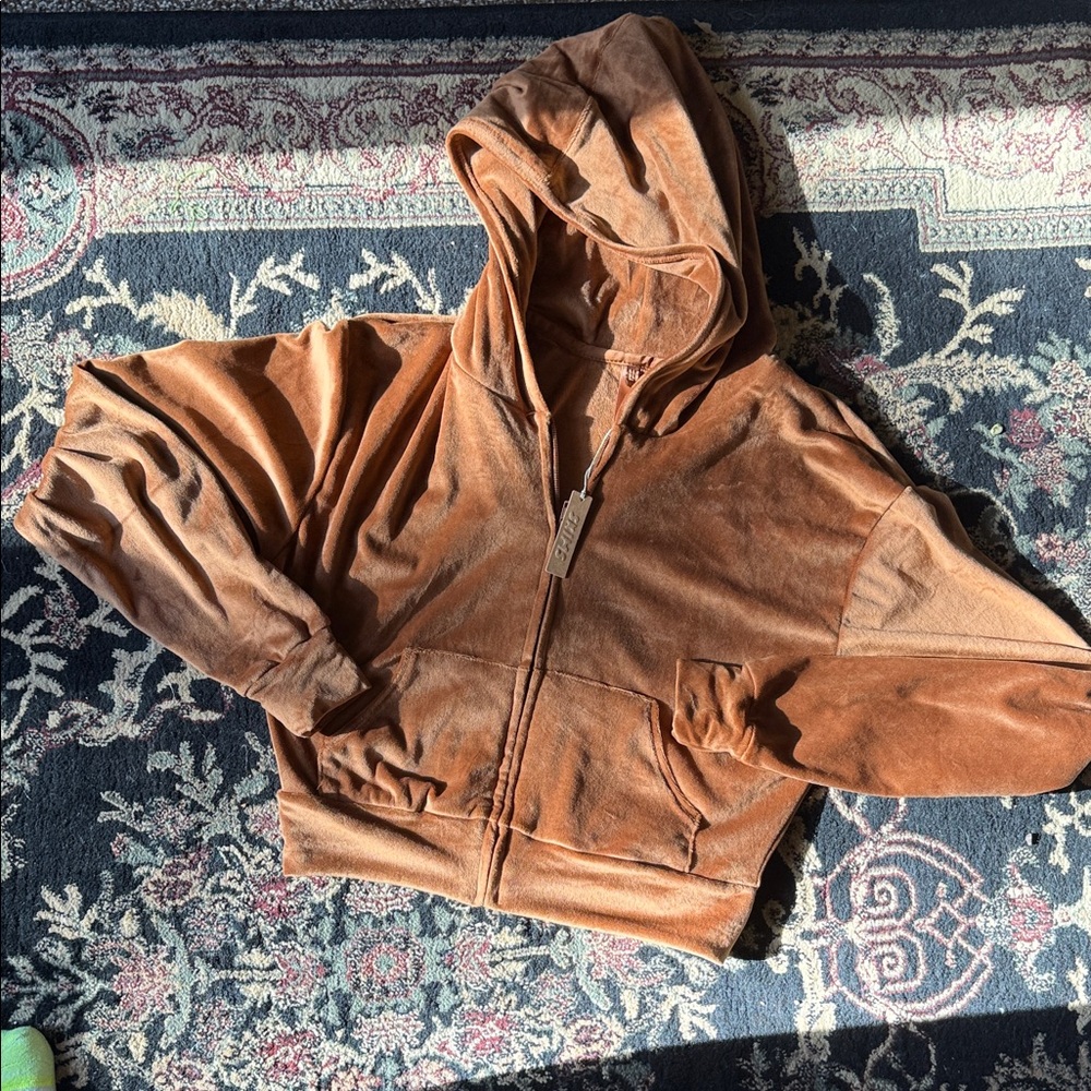 SKIMS Brown Velour Zip Up Hooded Jacket